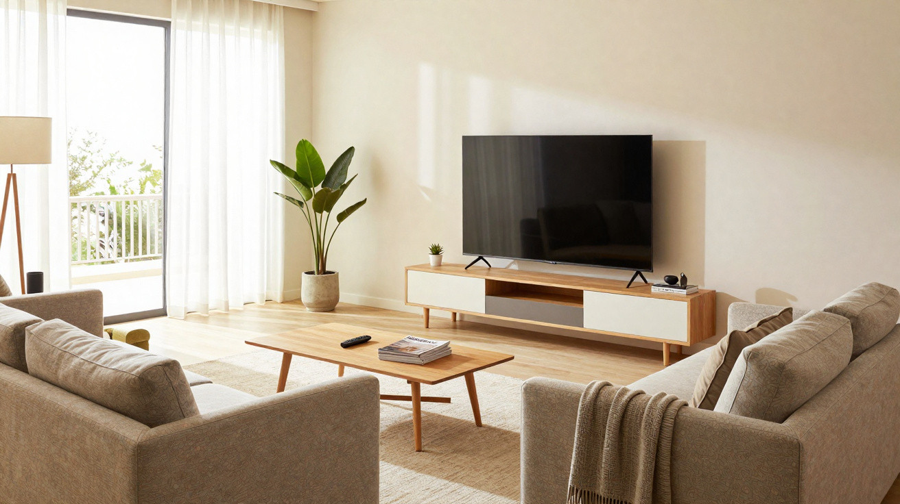 Sala de estar moderna com sofá cinzento, mesa de madeira, televisão e planta junto a janela com cortinas brancas.