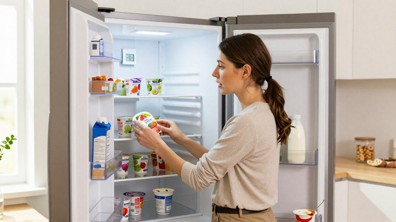 Mulher a retirar iogurte do frigorífico aberto numa cozinha moderna e luminosa.