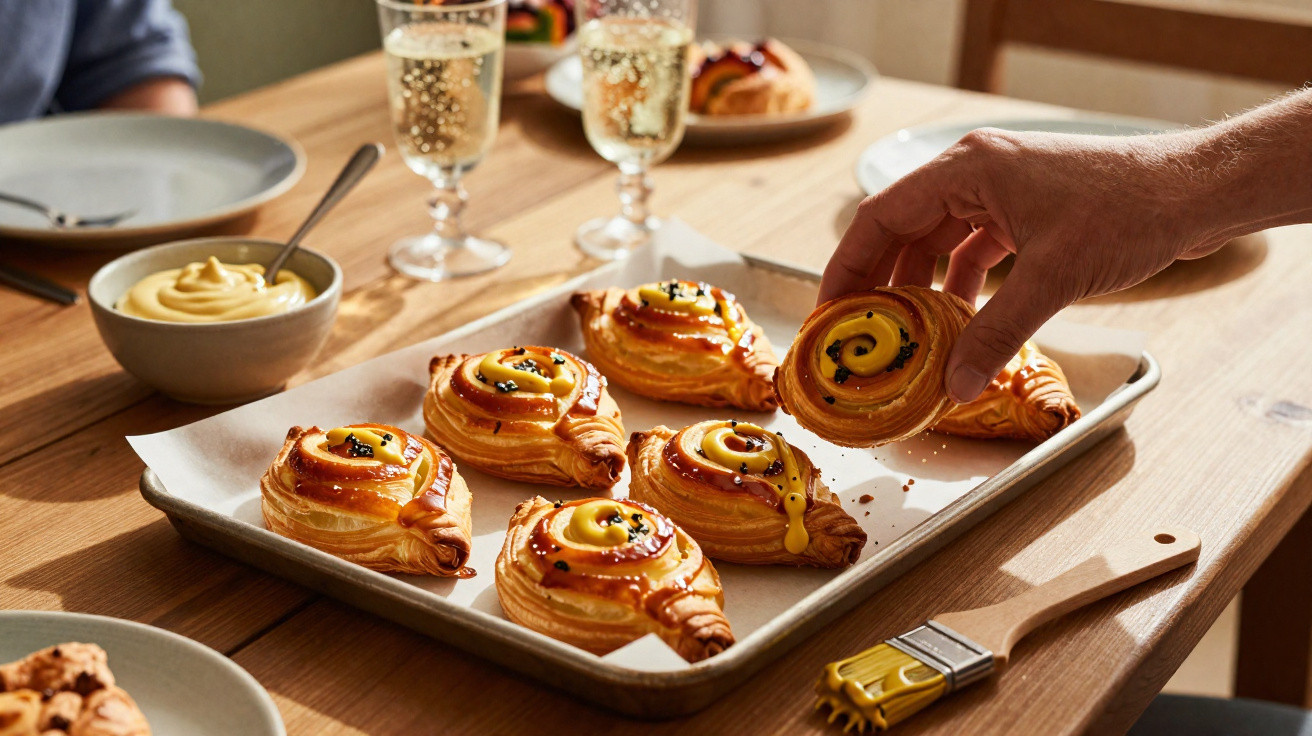 Tabuleiro com pastelaria folhada recheada de creme, à mesa com taças de vidro e pessoa a pegar um doce.