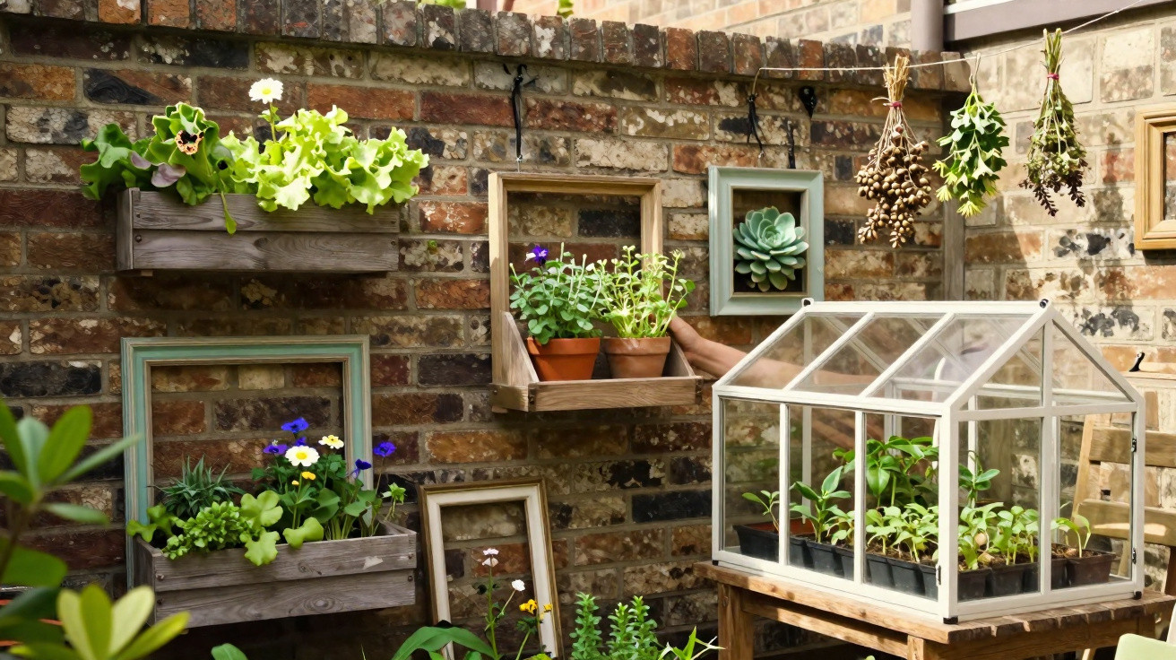 Pequeno jardim urbano com plantas em vasos, hortaliças e mini estufa num muro de tijolos.