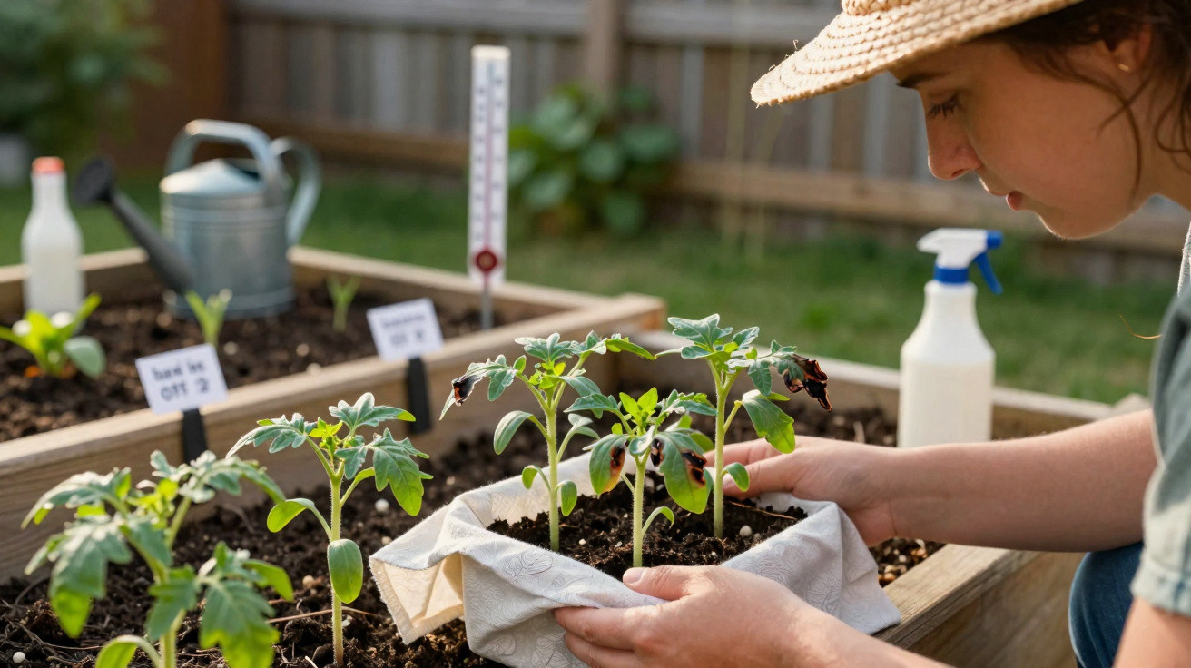 Mulher de chapéu a cuidar de plantas em vasos com solo num jardim elevado ao ar livre.