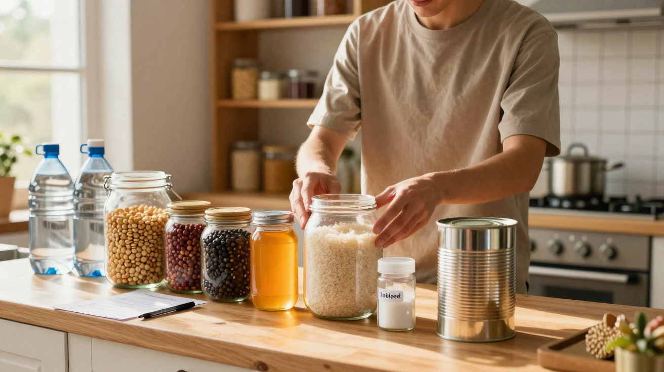 Pessoa organizando mantimentos em frascos reutilizáveis numa cozinha iluminada.