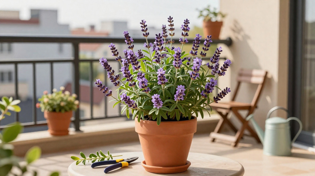Vaso de terracota com planta de lavanda numa varanda iluminada, com cadeira e regador ao fundo.