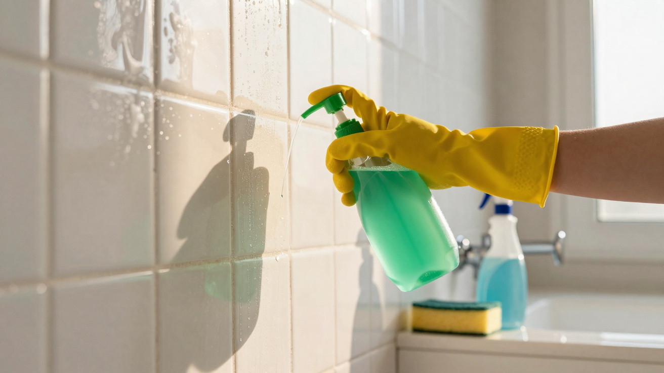Mão com luva amarela usando dispenser para aplicar detergente líquido verde em azulejos brancos.