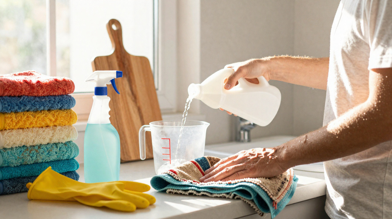 Pessoa a preparar solução de limpeza com líquido branco, panos coloridos empilhados e luvas amarelas na cozinha.