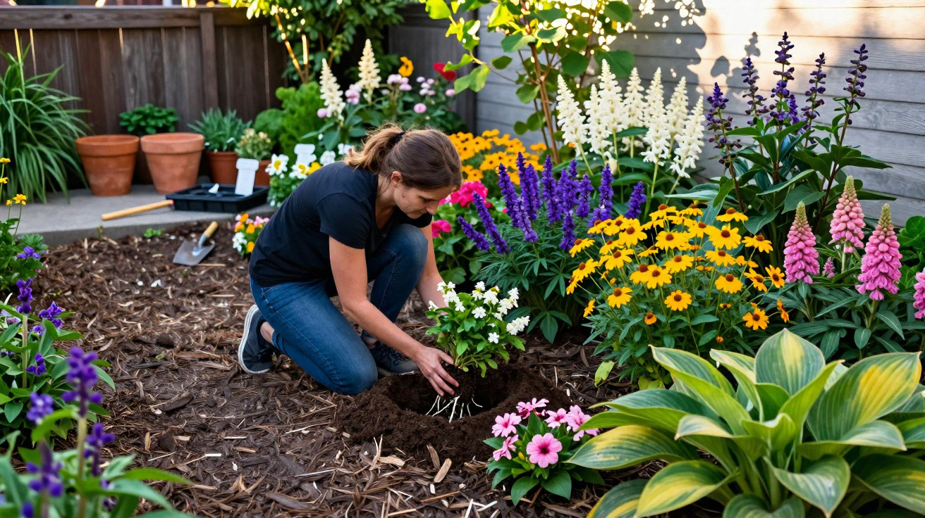 Mulher a plantar flores brancas num jardim colorido com várias plantas e flores multicoloridas.