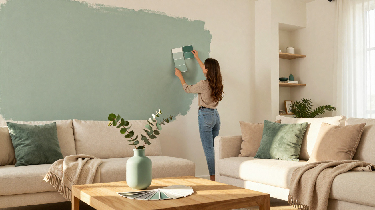 Mulher a pintar parede de verde numa sala com sofás beges e almofadas verdes.