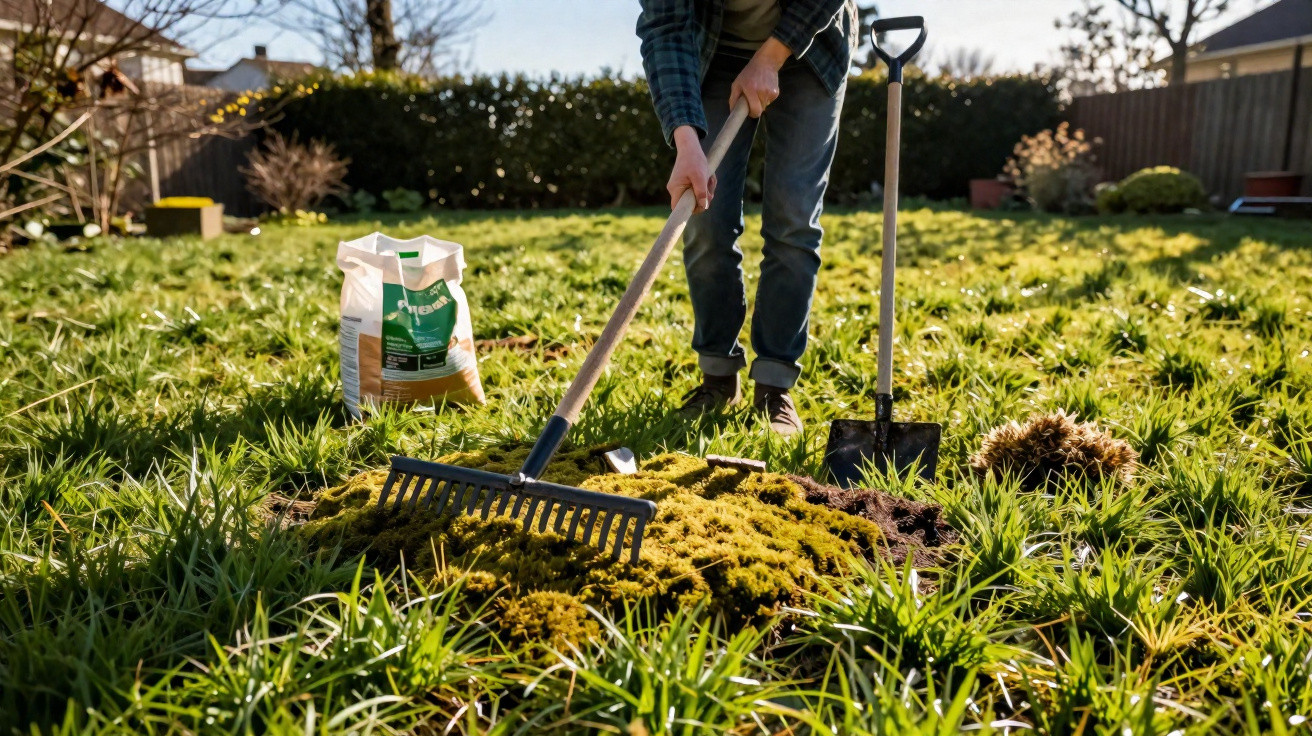 Pessoa a remover musgo de relva com ancinho num jardim ensolarado, com uma pá e saco de fertilizante ao lado.