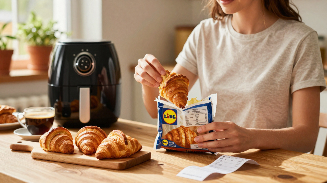 Mulher a tirar um croissant da embalagem Lidl numa cozinha com máquina de ar quente e café.