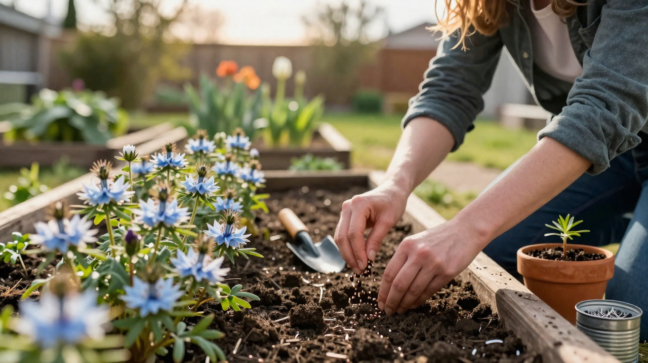 Pessoa a semear plantas numa cama de cultivo ao ar livre numa manhã de sol.
