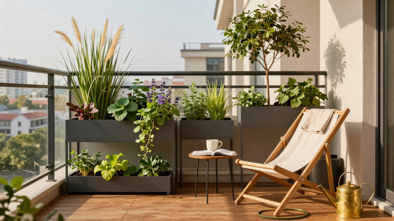 Varanda ensolarada com plantas em vasos, cadeira de madeira, mesa pequena e regador dourado.