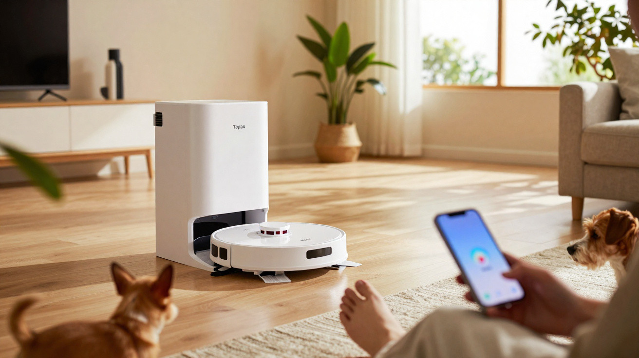 Robô aspirador branco em sala moderna com pessoa controlando por smartphone, e dois cães a observar.