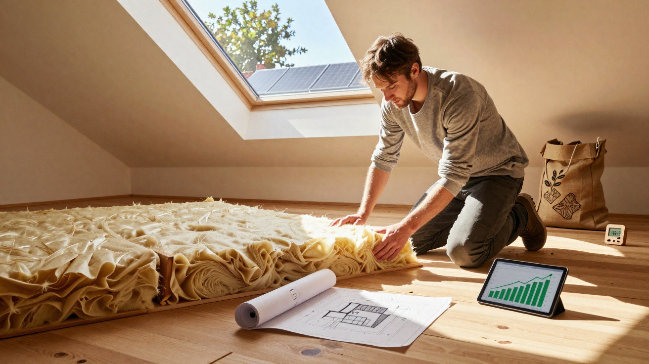 Homem a instalar isolamento térmico num sótão com planta e tablet ao lado.