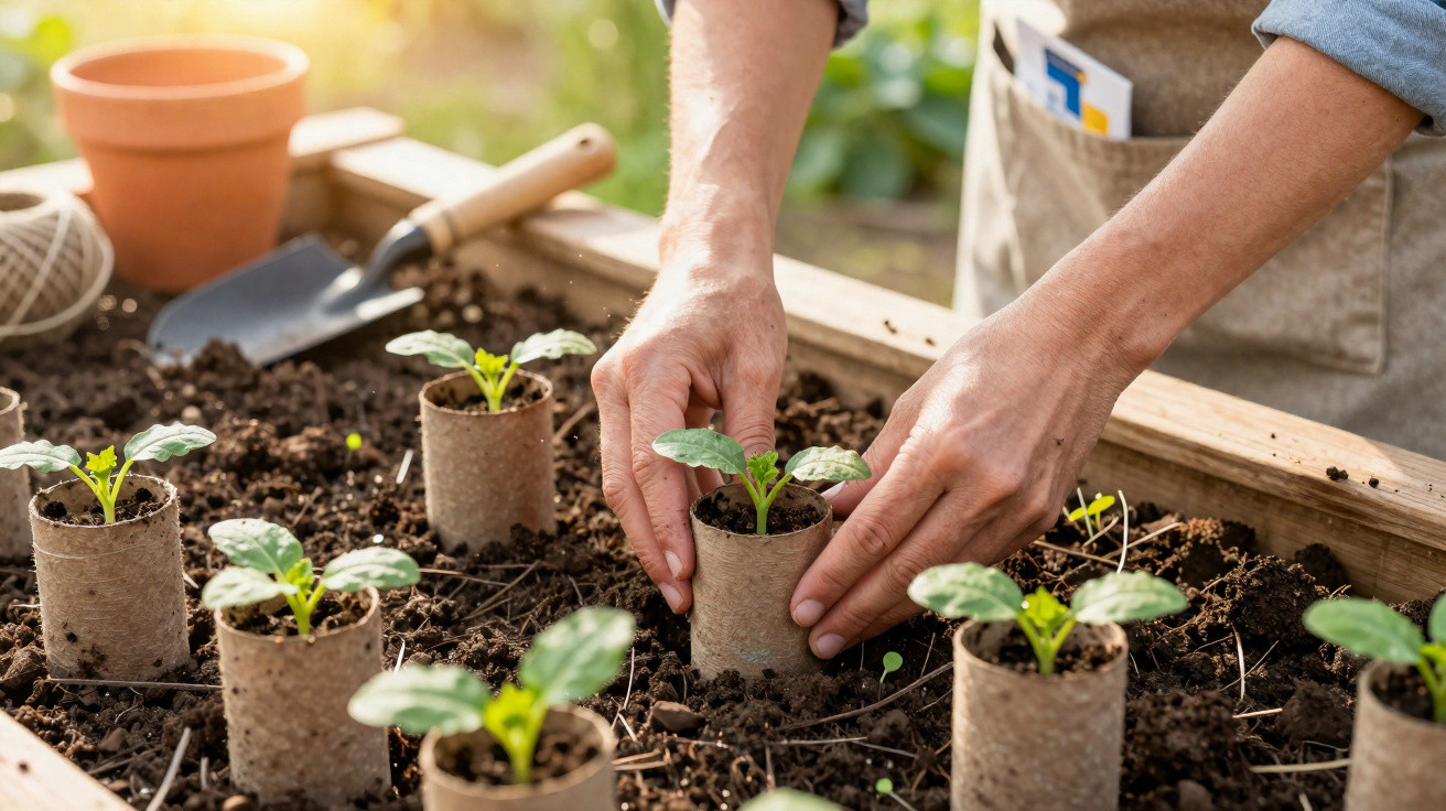 Mãos a transplantar pequenas plantas em vasos biodegradáveis num canteiro de terra fértil.