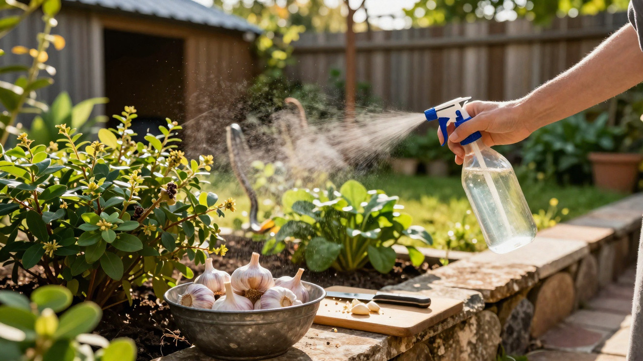 Mão a pulverizar plantas num jardim com recipiente metálico cheio de cabeças de alho e faca num muro de pedra.