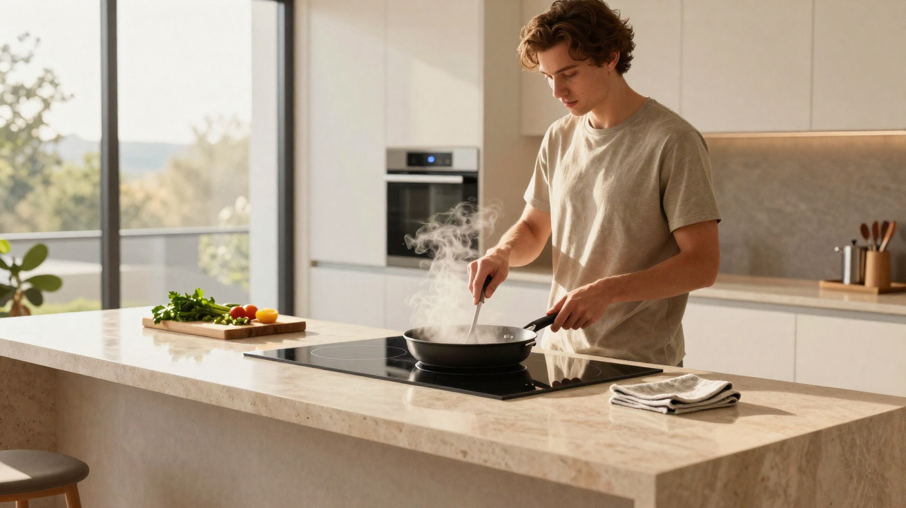 Jovem cozinha em fogão de indução numa cozinha moderna com bancada de mármore e luz natural.