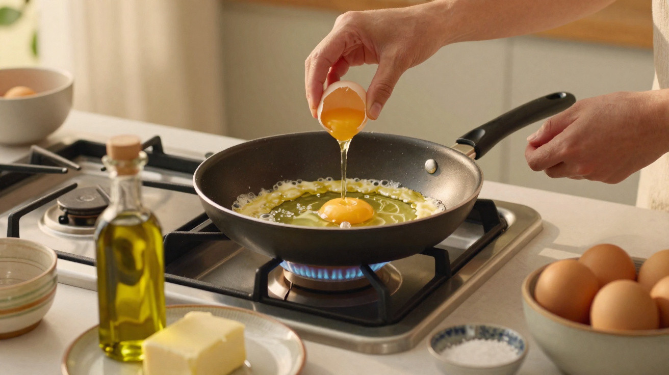 Pessoa a partir um ovo numa frigideira com azeite numa cozinha doméstica.