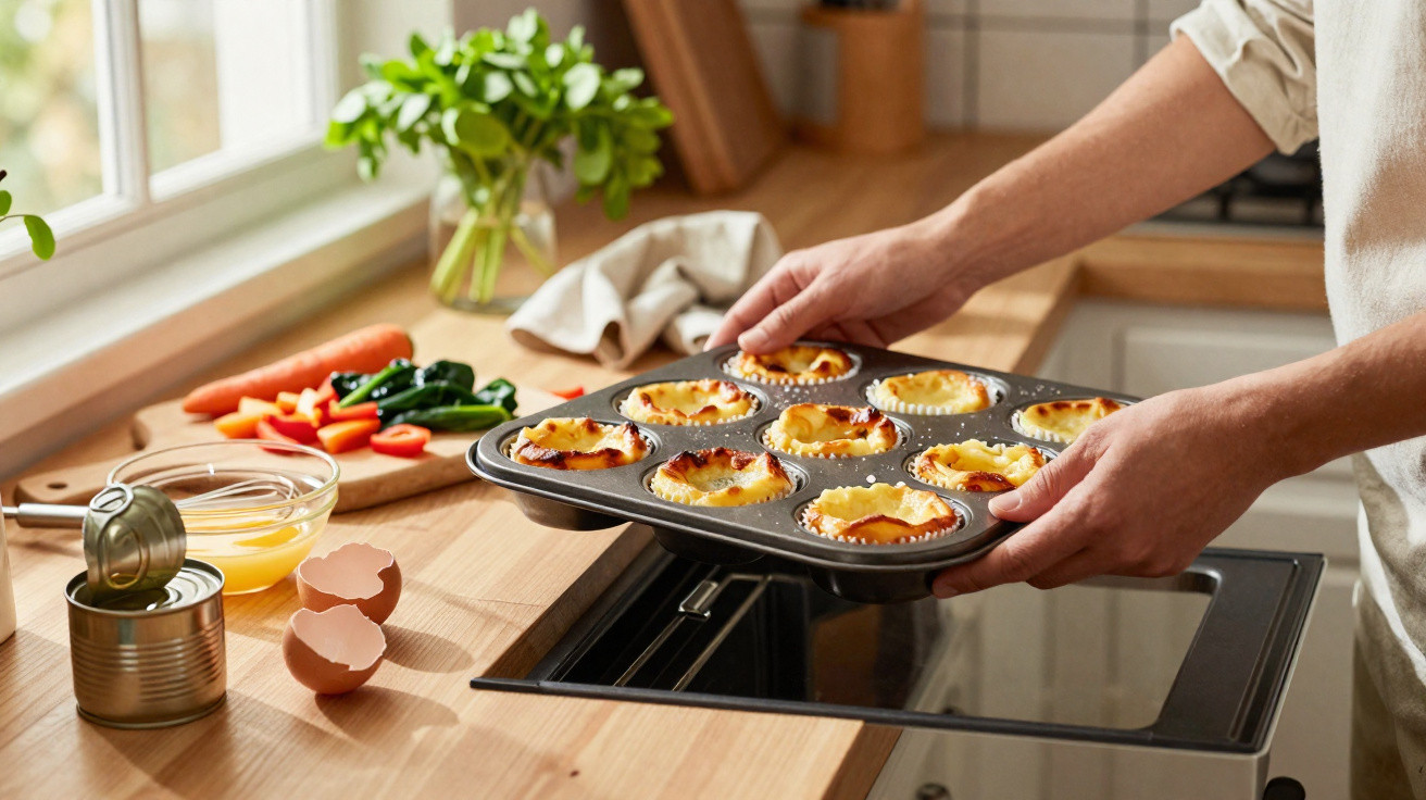 Pessoa a retirar cupcakes acabados de sair do forno em cozinha com legumes e ingredientes na bancada.