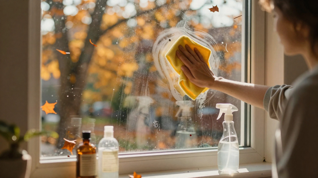 Pessoa a limpar uma janela com um esfregão amarelo, folha de outono no vidro e produtos de limpeza na janela.