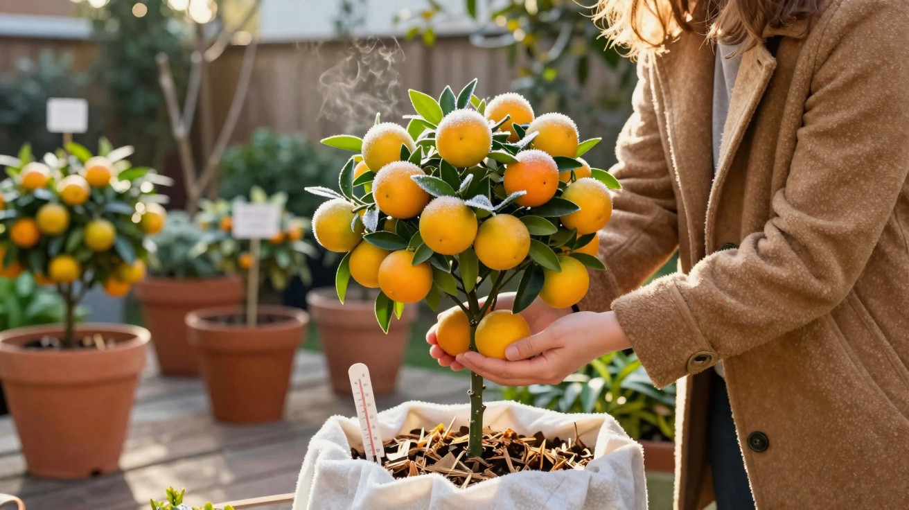 Pessoa a segurar árvore pequena com frutos laranja em vaso branco num jardim com outras plantas.