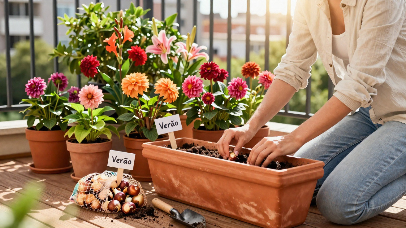 Pessoa a plantar bulbos na varanda com várias flores coloridas em vasos terraço ensolarado.