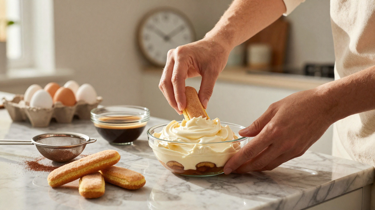 Pessoa a preparar tiramisù, mergulhando palito de champanhe no creme numa tigela de vidro na cozinha.