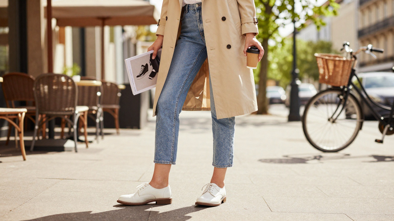 Pessoa de gabardina bege, jeans azuis e sapatos brancos a segurar café e revista numa rua citadina.