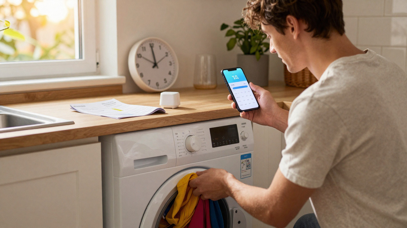 Homem a controlar máquina de lavar com smartphone numa cozinha luminosa, relógio indica 10 horas.