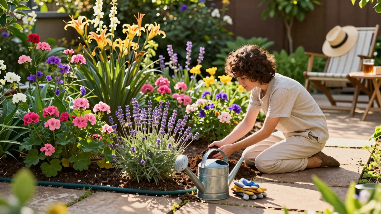 Criança a regar flores coloridas num jardim ensolarado, rodeada de plantas e utensílios de jardinagem.