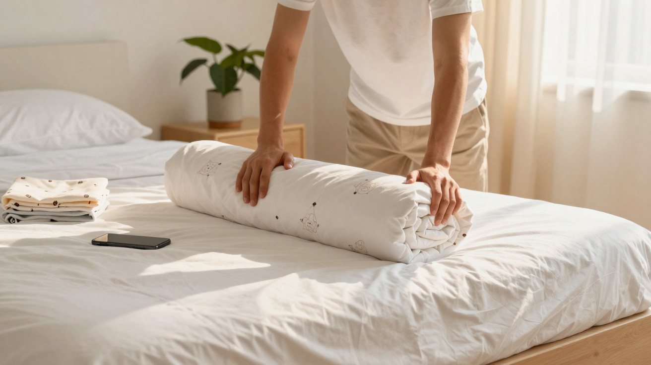 Pessoa a enrolar um edredão branco numa cama com lençóis brancos em quarto luminoso.