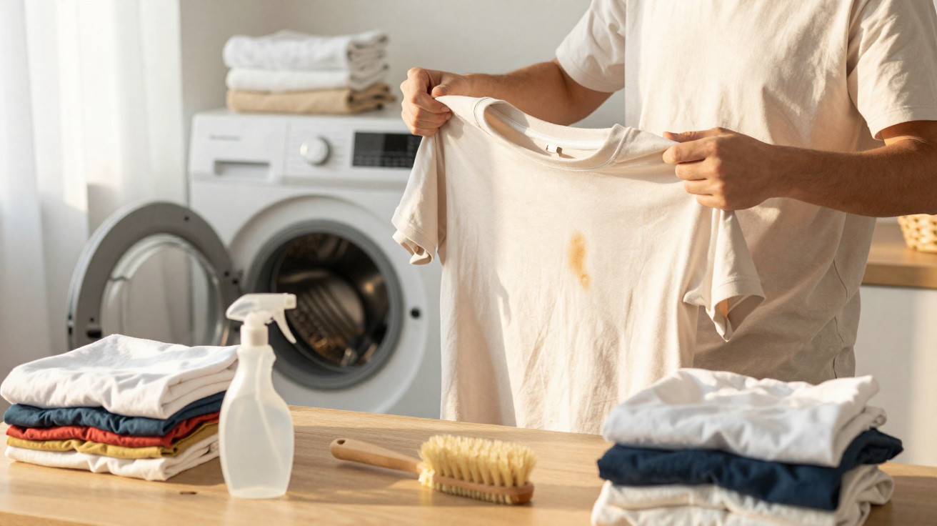 Pessoa a segurar uma camisola branca com nódoa castanha, junto a máquina de lavar roupa e produtos de limpeza.