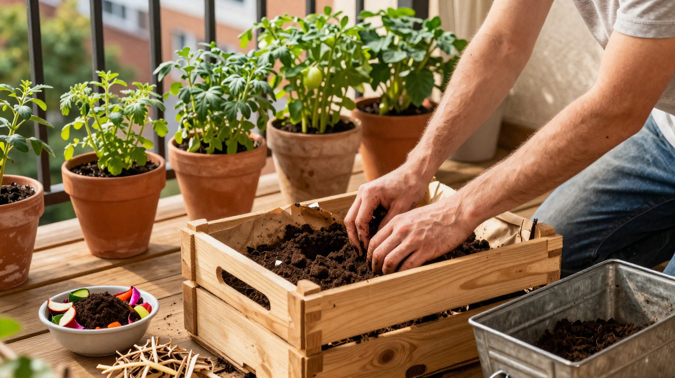 Pessoa a semear terra numa caixa de madeira numa varanda rodeada de vasos com plantas verdes.