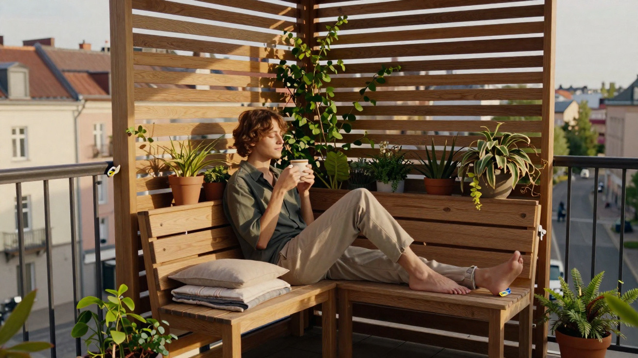 Pessoa relaxa numa varanda com plantas, sentada num banco de madeira e bebe de uma chávena.