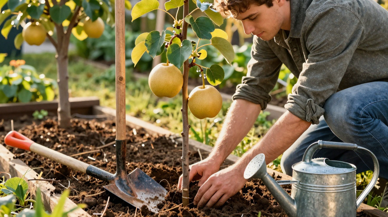 Homem a cuidar de árvore de frutos num jardim com regador e enxada ao lado.