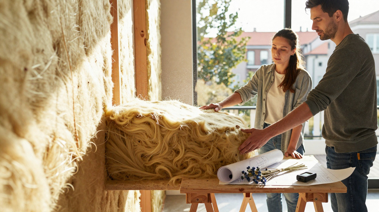 Duas pessoas analisam amostra de fibra natural para isolamento térmico em ambiente de trabalho com luz natural.