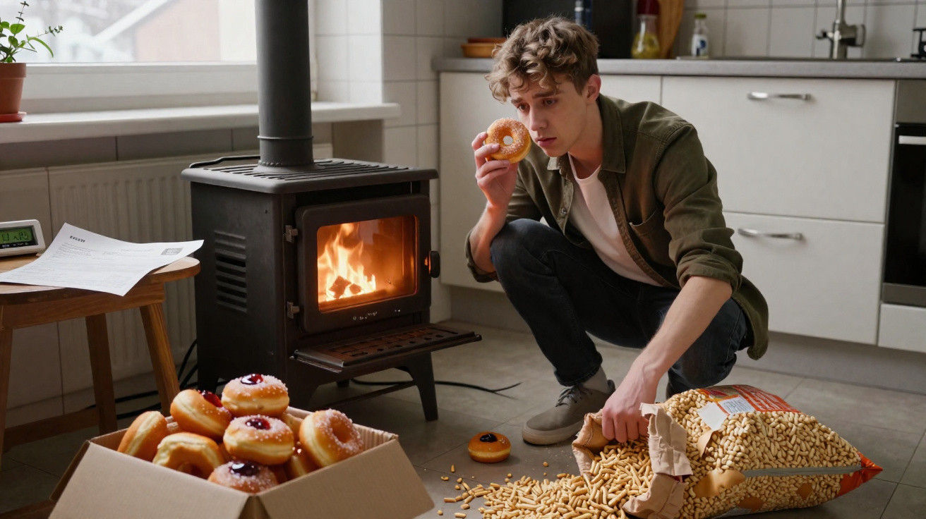 Jovem com roupa casual a segurar um donut junto a uma salamandra acesa, com caixa de donuts e saco de pellets no chão.