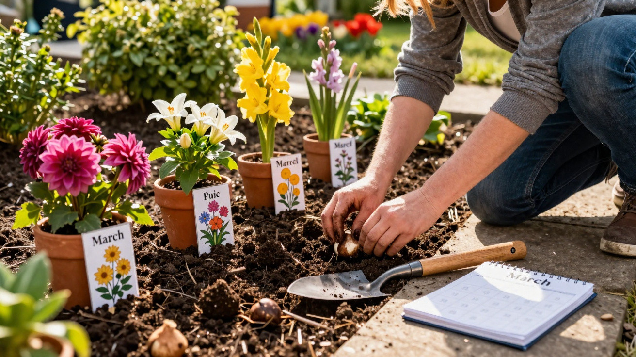 Pessoa a plantar bulbos de flores num canteiro com vasos e calendário aberto no mês de março.