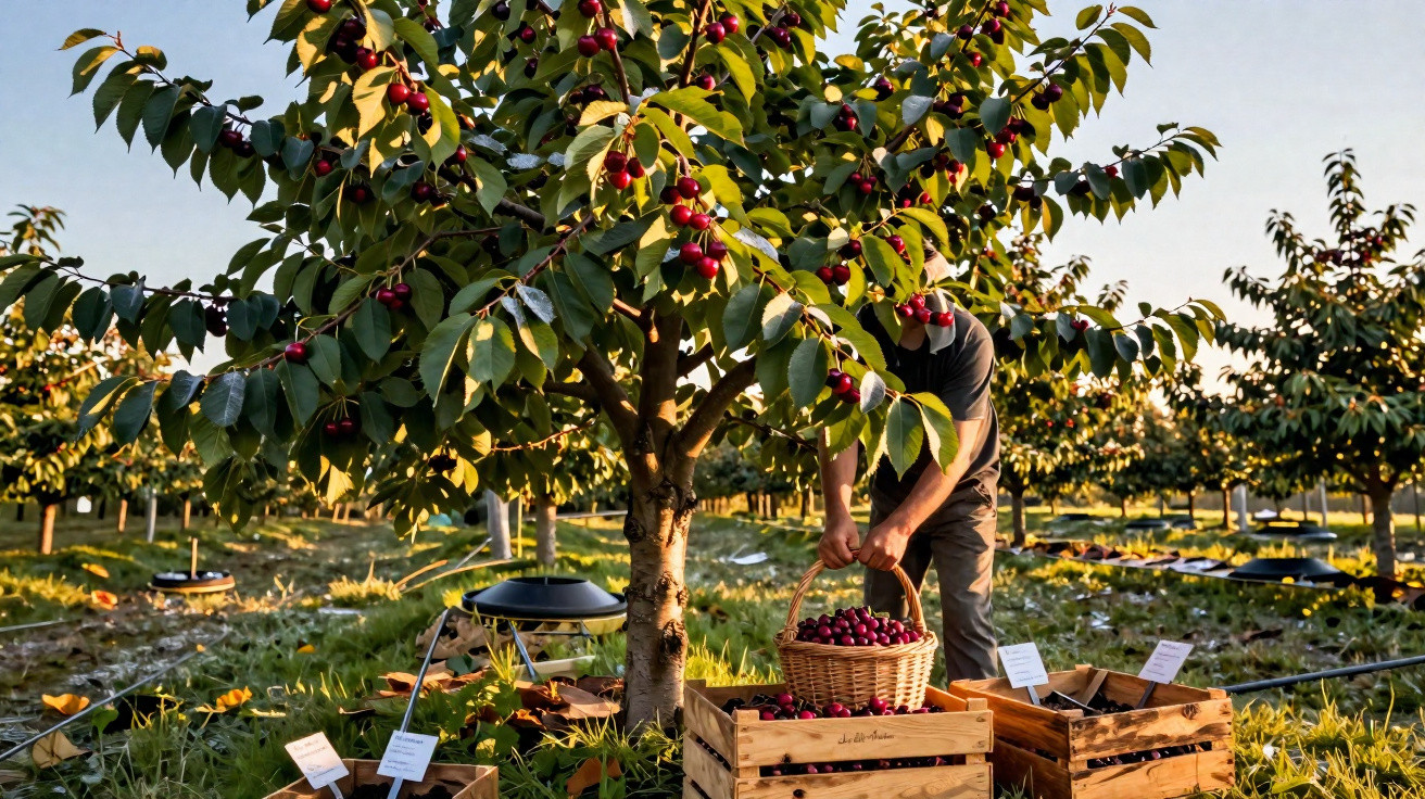 Pessoa a colher cerejas em pomar ensolarado com cestos de madeira e árvore carregada de frutos vermelhos.