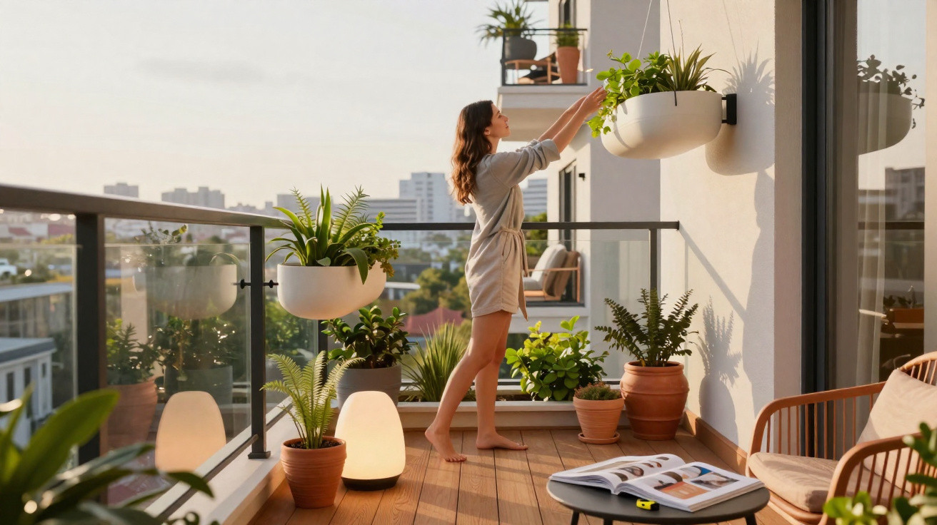 Mulher cuida de plantas num terraço com decoração moderna e vista urbana ao pôr do sol.