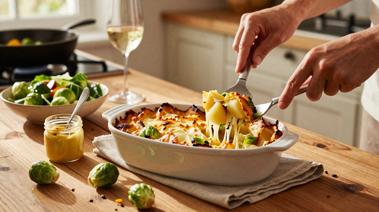 Mãos a servir gratinado de batatas com queijo fundido numa travessa branca, com couves-de-bruxelas e vinho ao fundo.