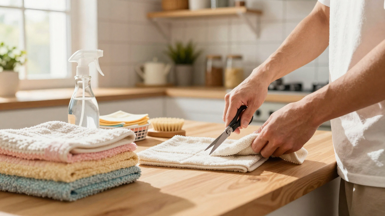 Pessoa a cortar um pano branco numa cozinha com panos empilhados e spray de limpeza na mesa de madeira.