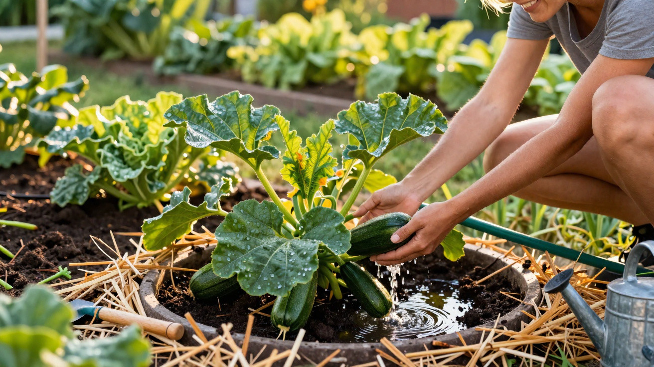 Pessoa a colher courgettes numa horta rodeada de plantas e terra húmida ao nascer do sol.