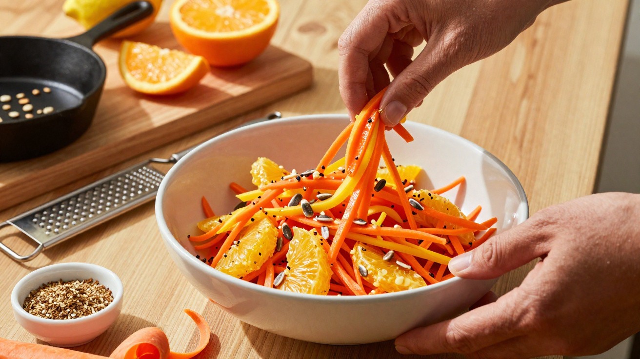 Pessoa a preparar salada de cenoura com gomos de laranja e sementes num prato branco.