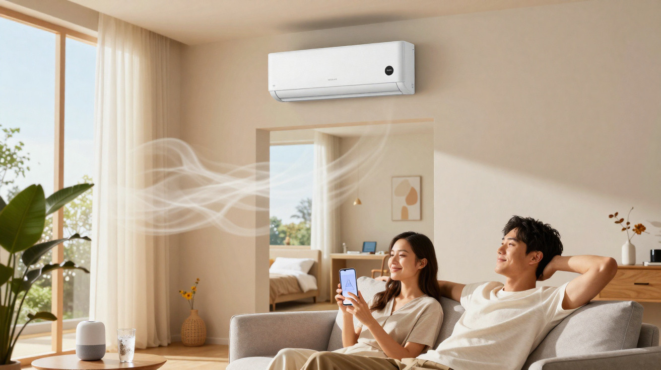 Casal relaxa no sofá numa sala luminosa com ar condicionado ligado na parede e plantas decorativas.