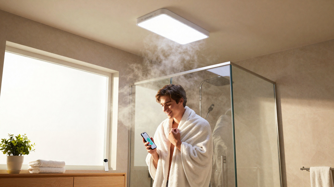 Homem de roupão branco a usar telemóvel numa casa de banho moderna com vapor no chuveiro.