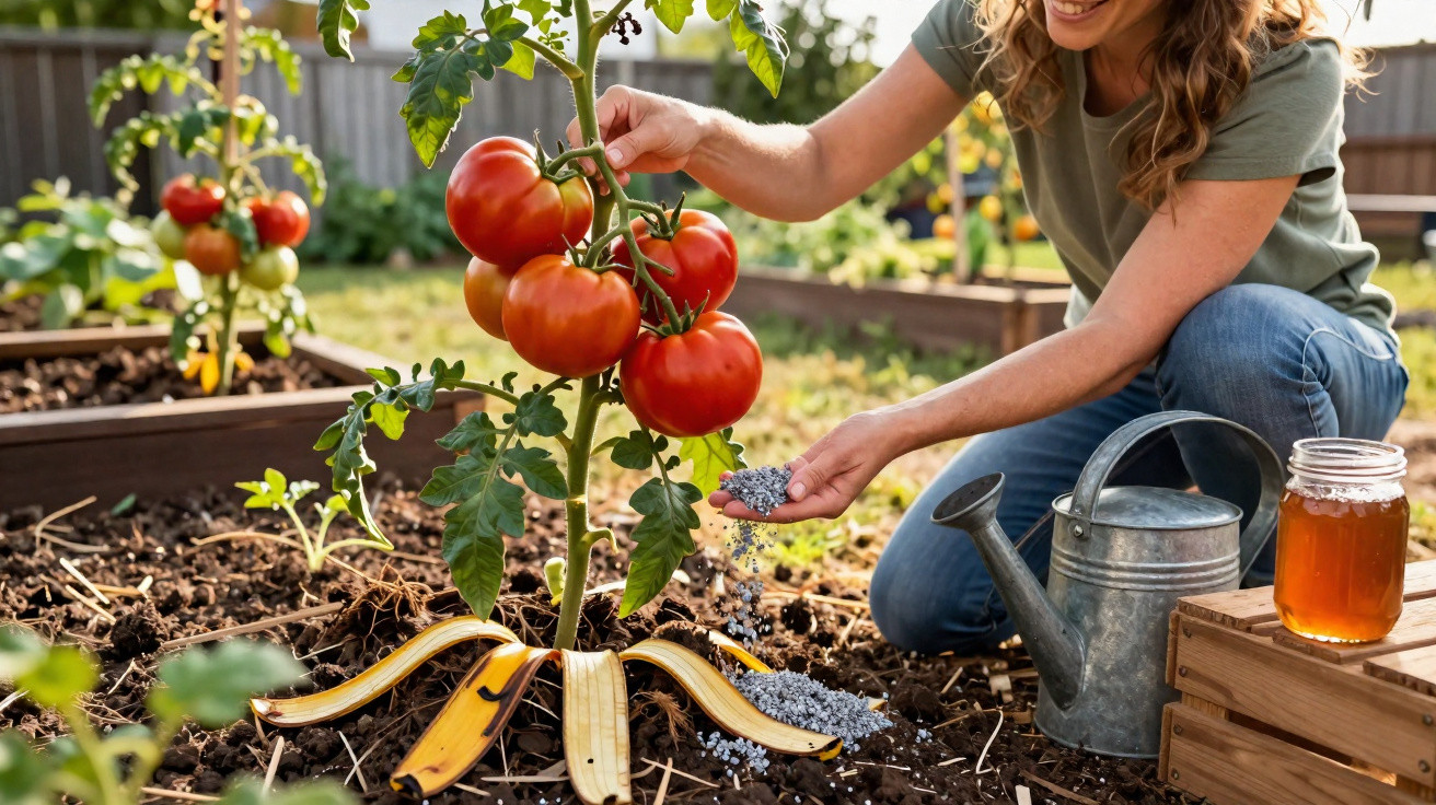Mulher a cuidar de tomates num jardim, aplicando fertilizante junto a casca de banana no solo.