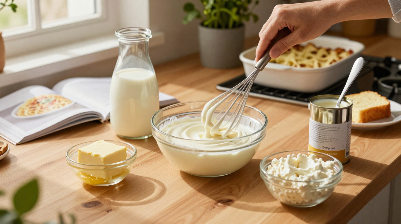 Mãos a misturar creme numa tigela com batedor, com ingredientes, receita aberta e bolo numa mesa de madeira.