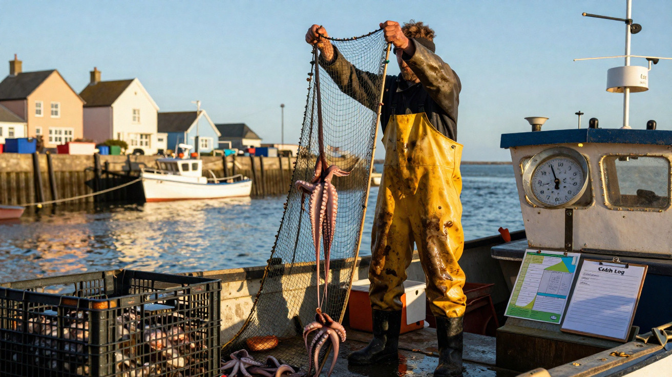 Pescador com fato impermeável amarelo a levantar rede com polvos a bordo de barco de pesca no porto.
