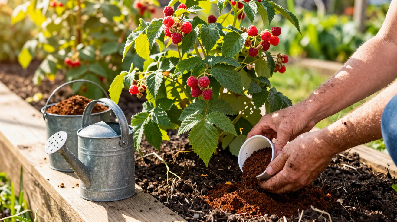 Pessoa a colocar borra de café no solo junto a planta de framboesas vermelhas num jardim ensolarado.