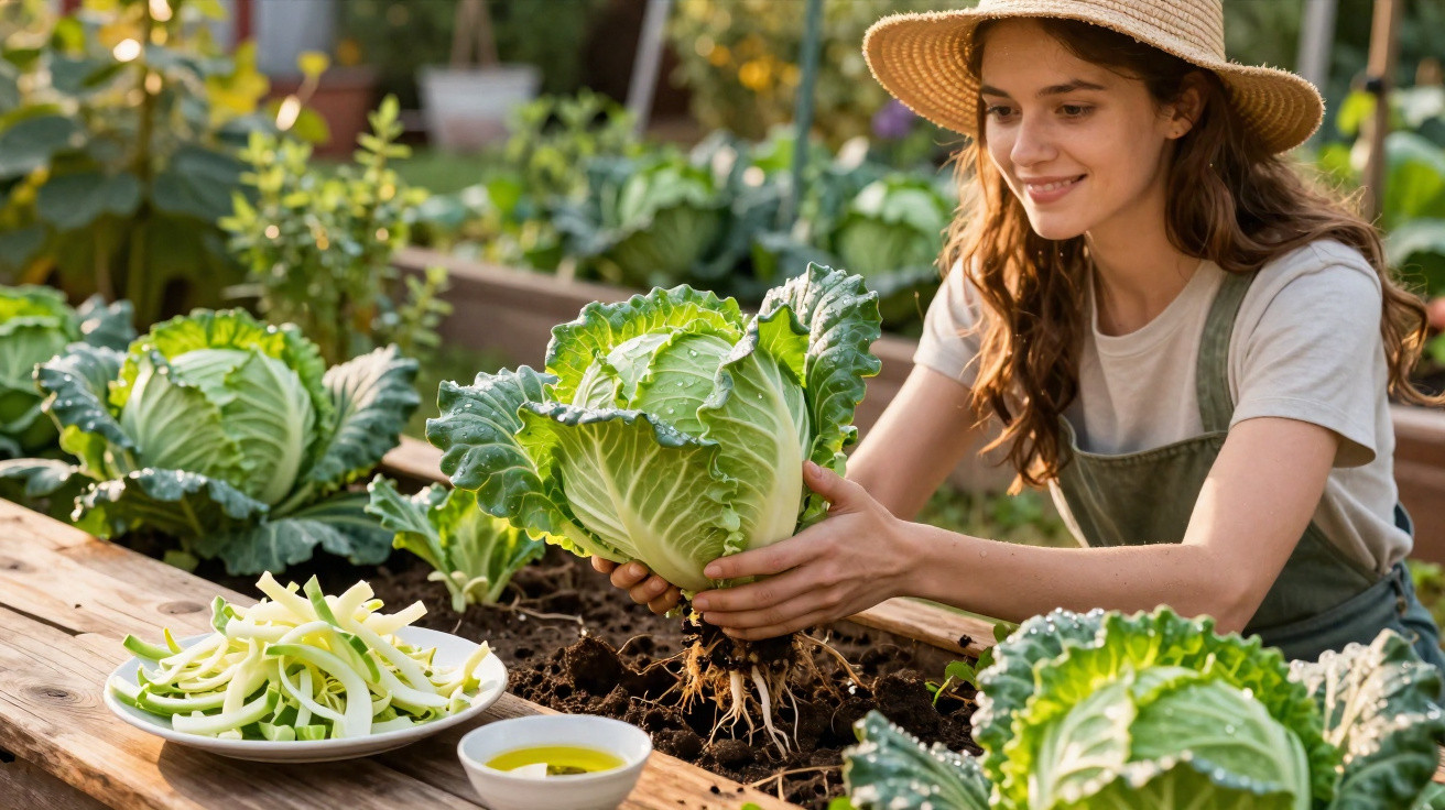 Jovem a colher alfaces num jardim com chapéu de palha, ao lado de legumes cortados e azeite.